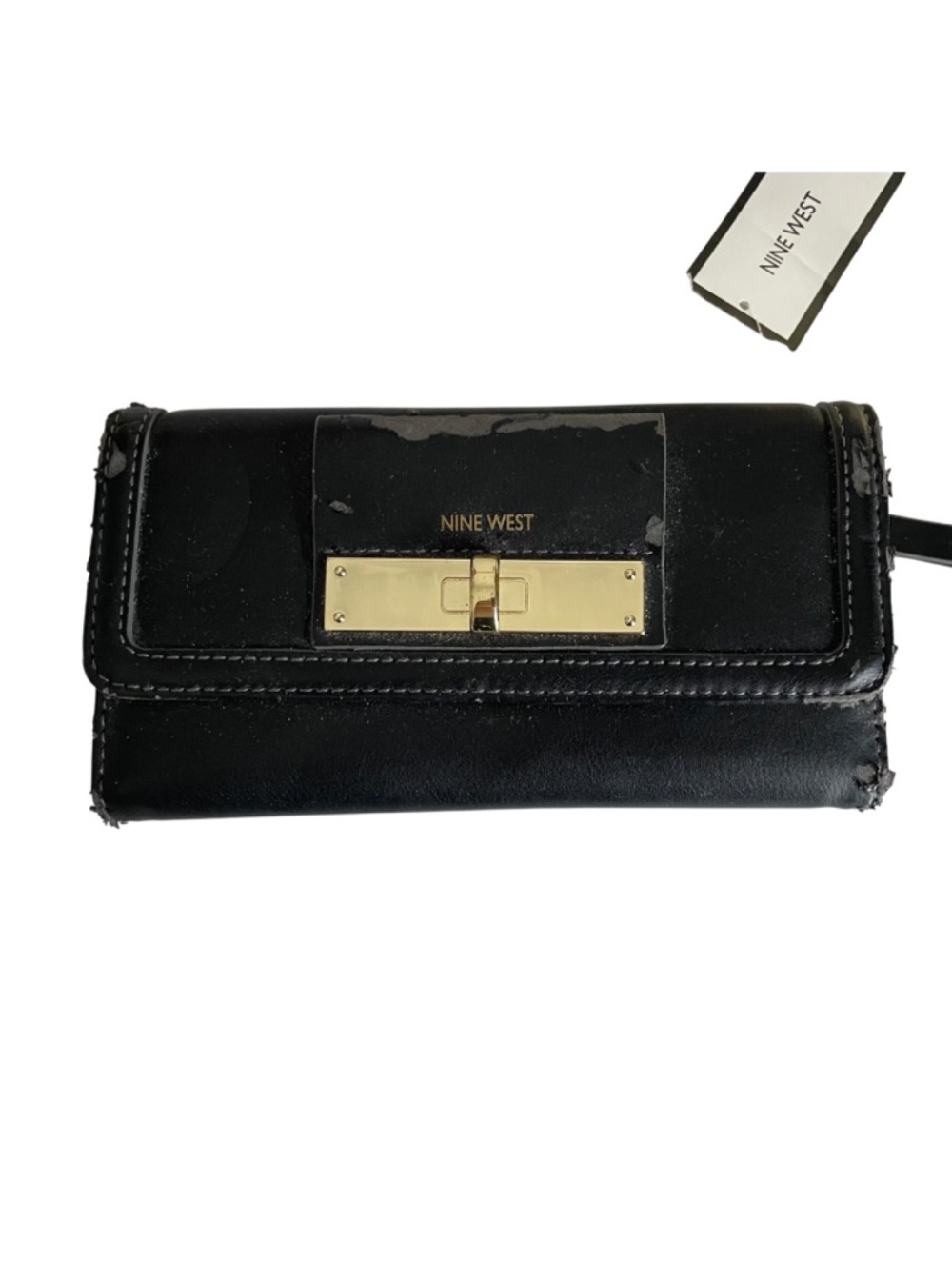 Nine West Black Leather Clutch with Gold Turn-Lock Look